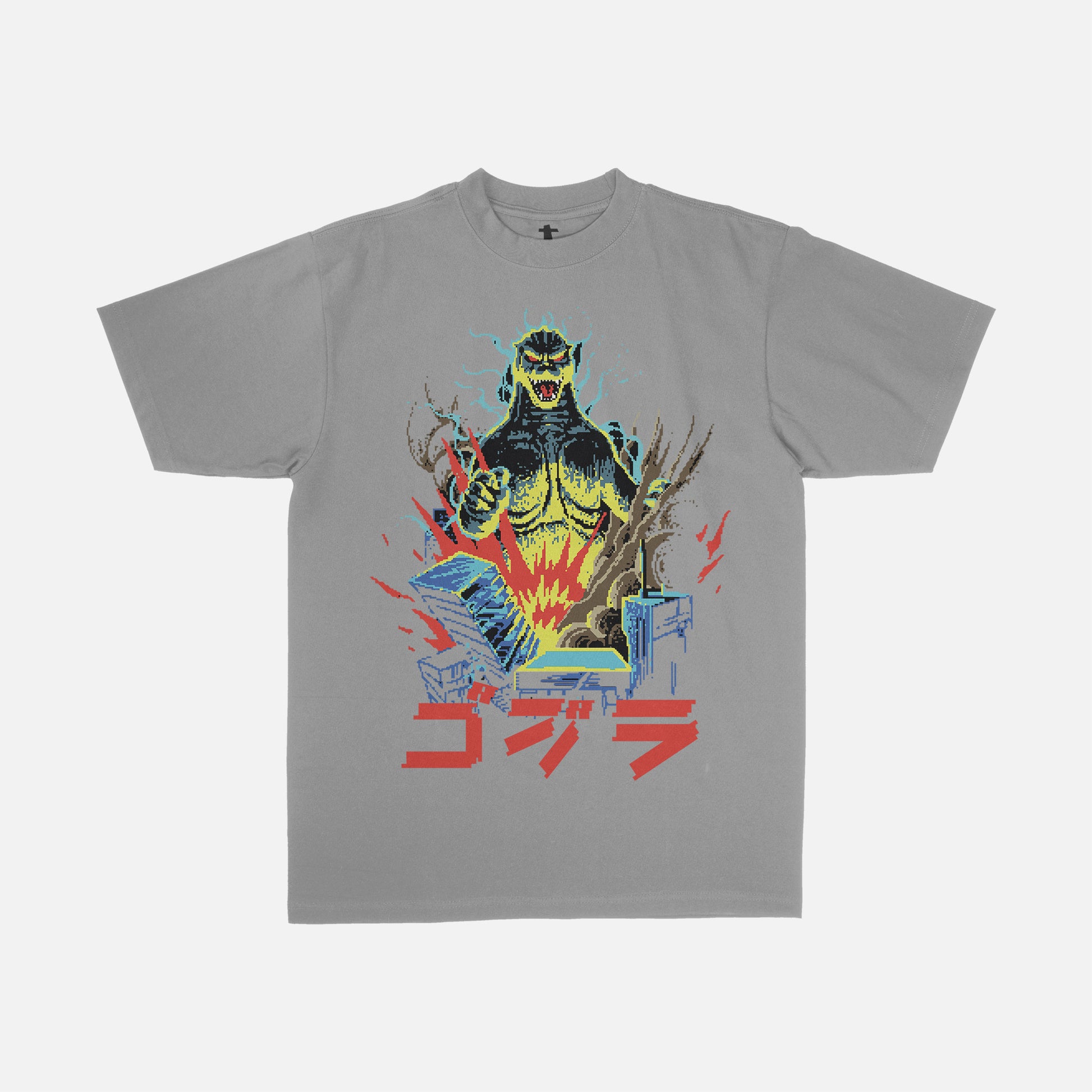 grey and red Godzilla 8 Bit Japanese movie poster streetwear t-shirt