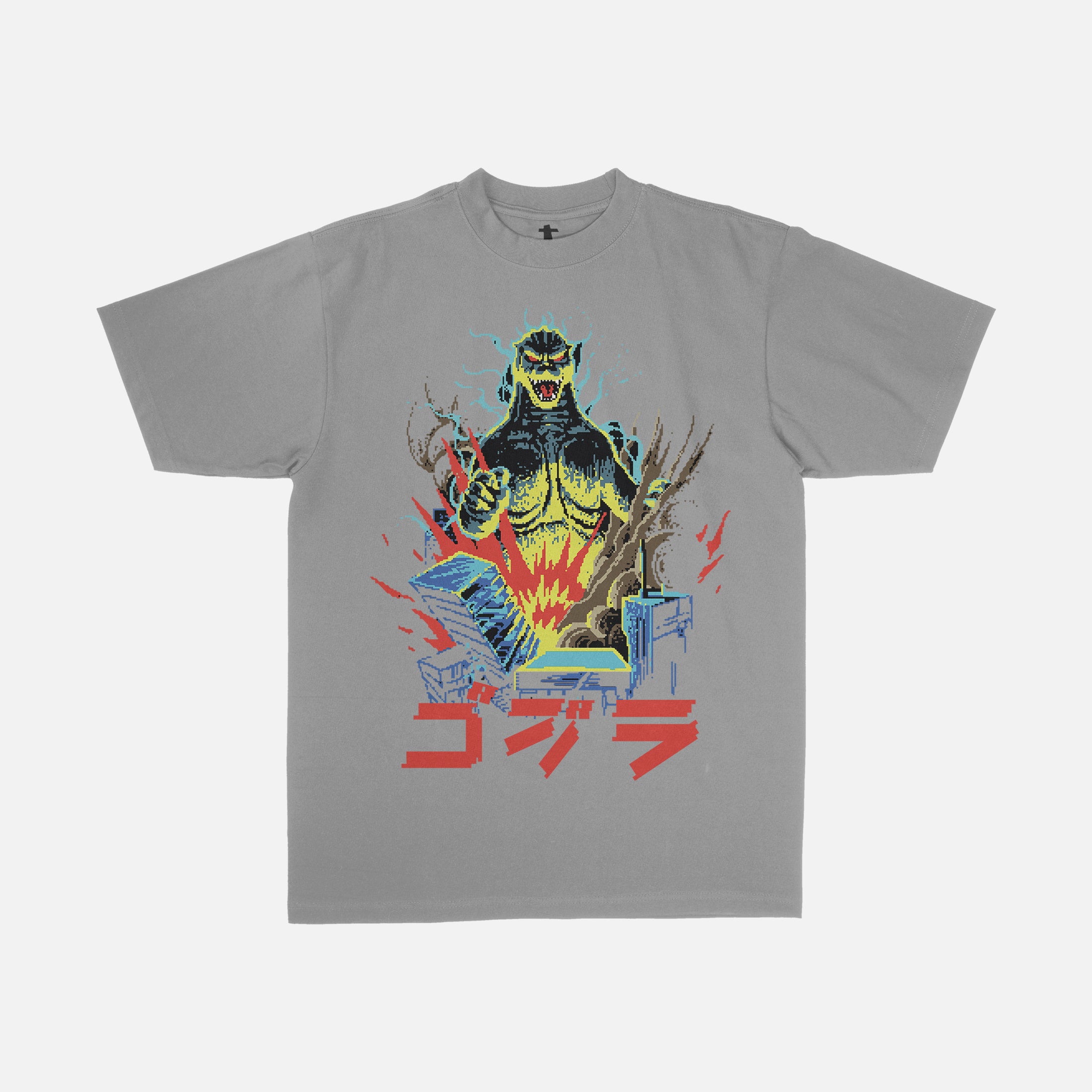 grey and red Godzilla 8 Bit Japanese movie poster streetwear t-shirt