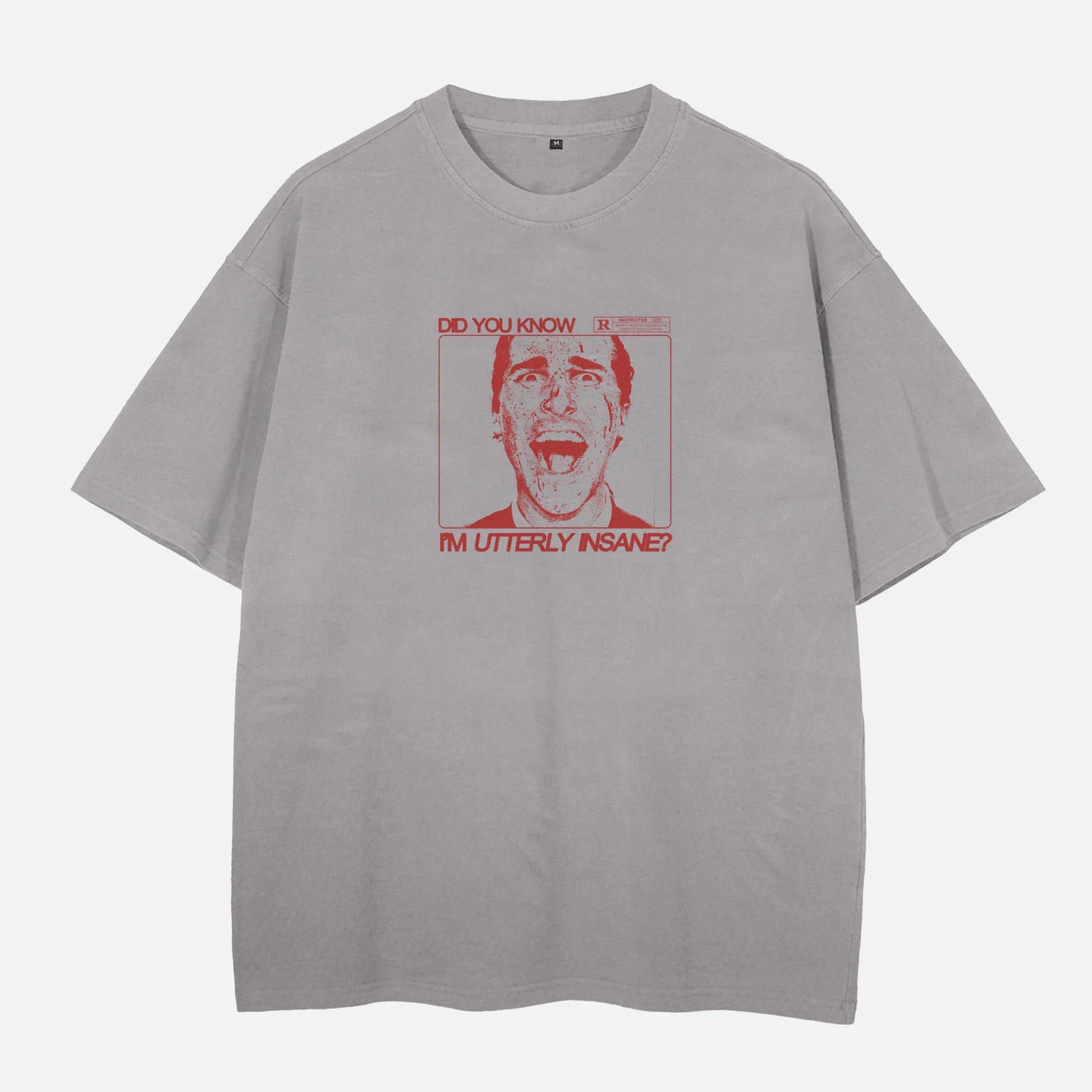 American Psycho Movie t-shirt, heavyweight drop shoulder Patrick Bateman grunge art graphic tee in light grey and red