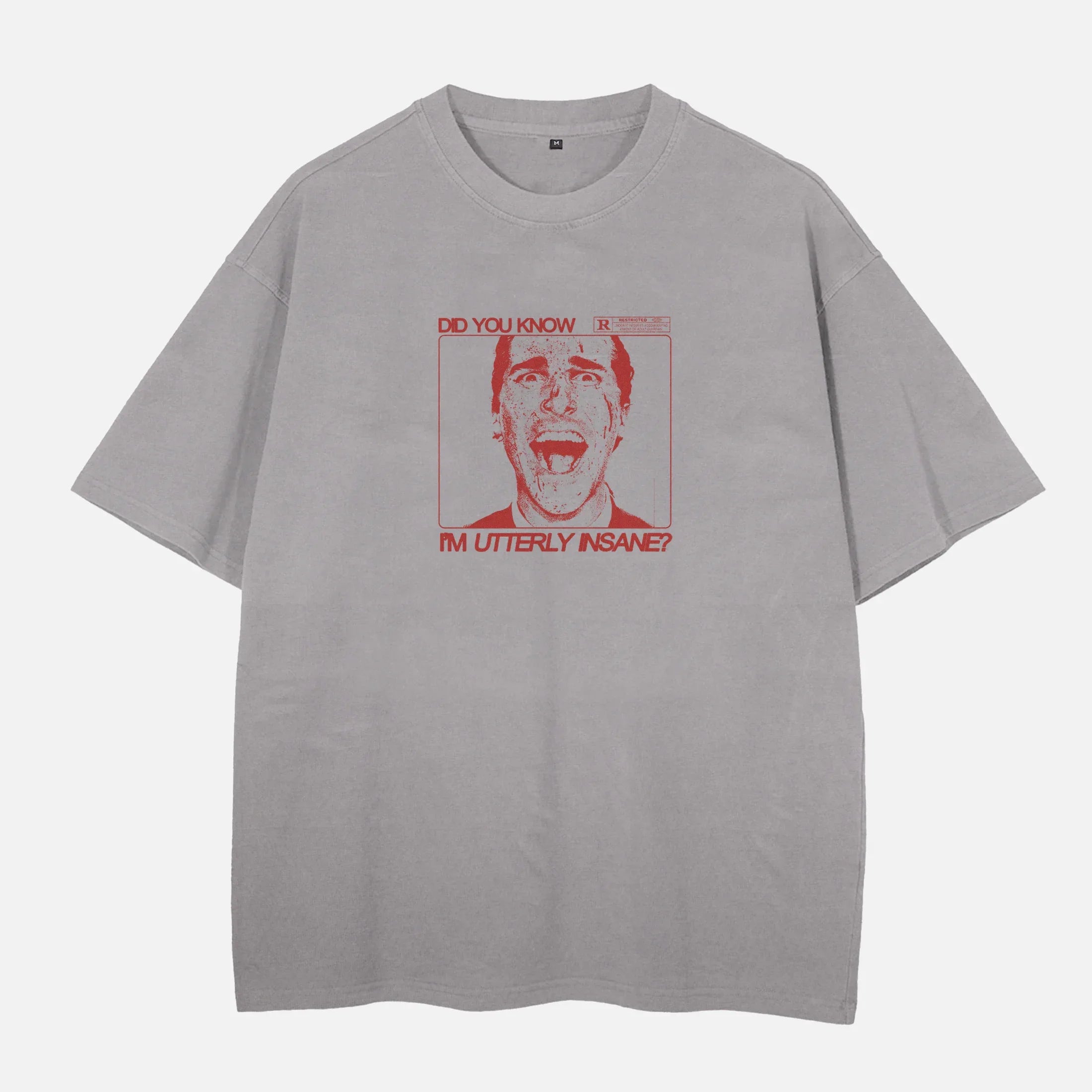 American Psycho Movie t-shirt, heavyweight drop shoulder Patrick Bateman grunge art graphic tee in light grey and red