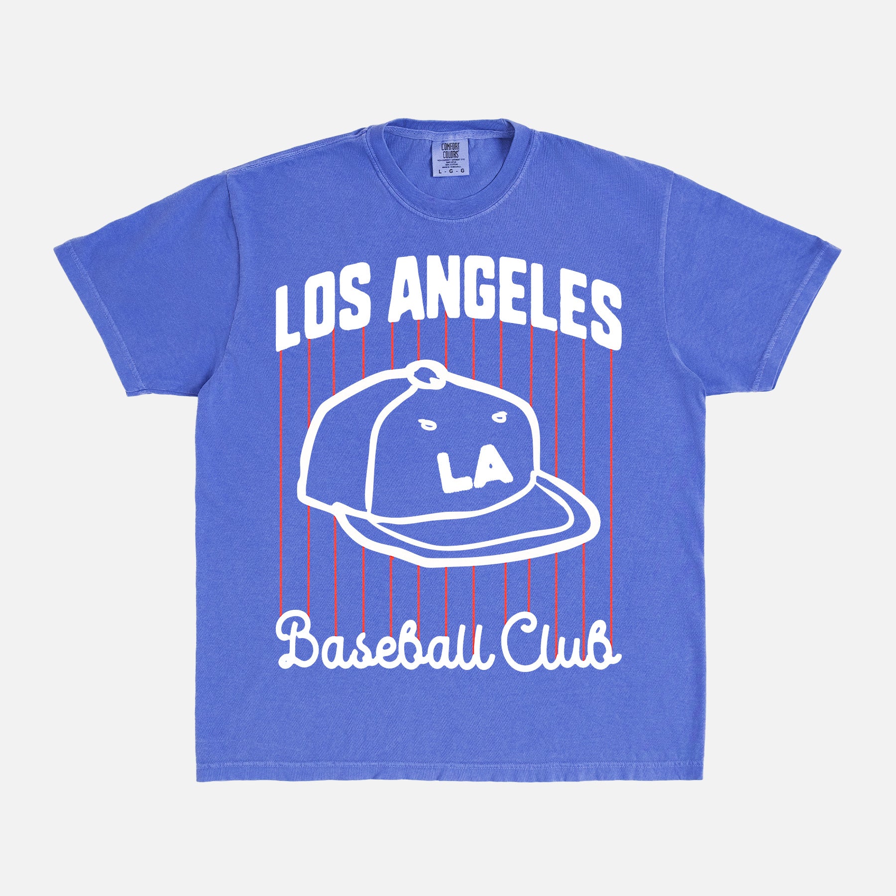 Retro Los Angeles Dodgers pinstripes t-shirt with LA baseball hat on a washed blue comfort colors graphic tee for men and women
