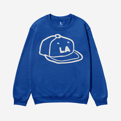 LA Dodgers streetwear style sweatshirt with custom Los Angeles baseball hat illustration on a royal blue crewneck for men and women