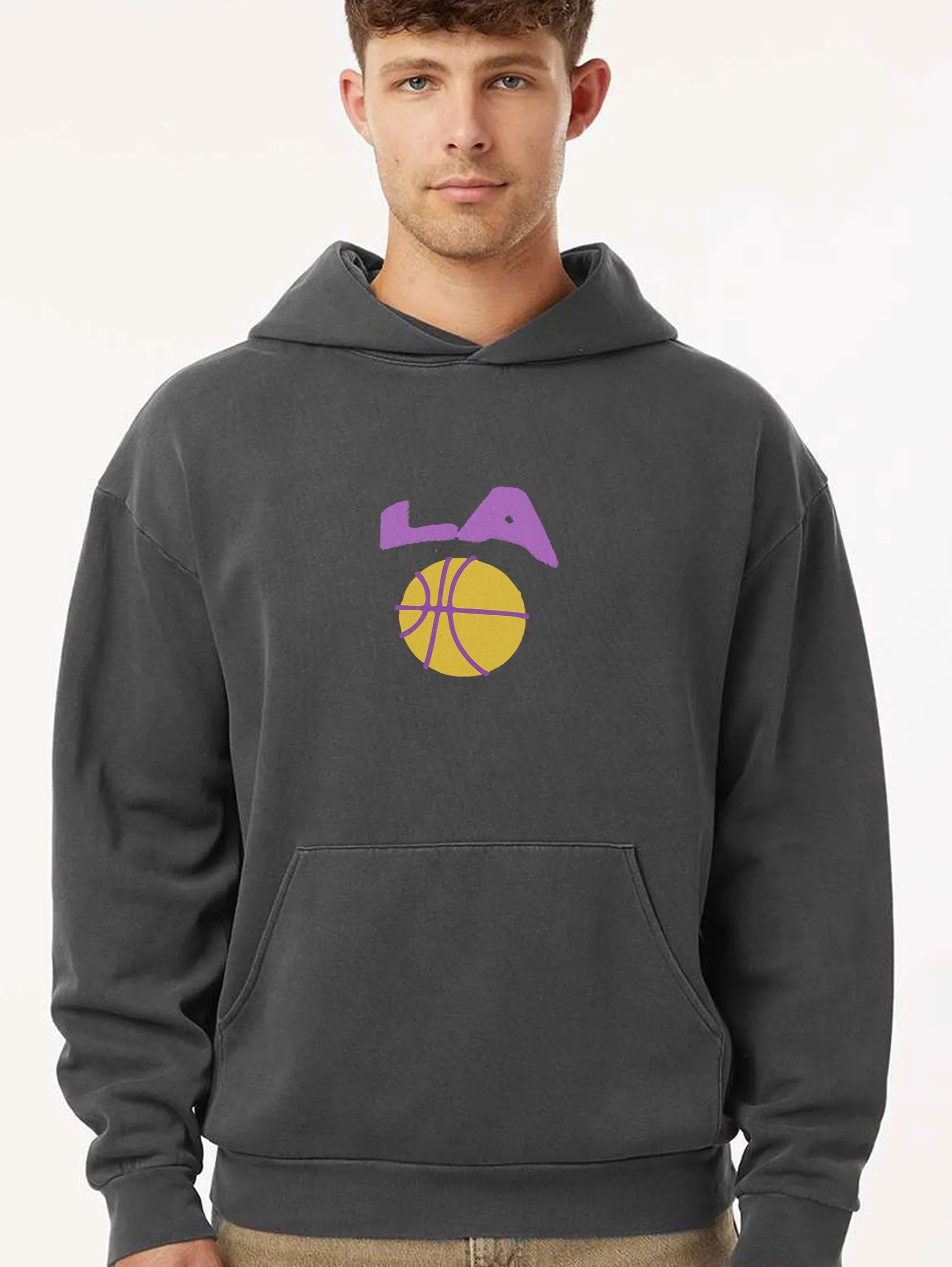 LA Lakers streetwear hoodie, distressed black medium heavy weight Los Angeles basketball hoodie sweatshirt