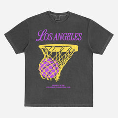 Old School Los Angeles Lakers streetwear graphic t-shirt with purple and gold bball jersey text on a washed black comfort colors tee