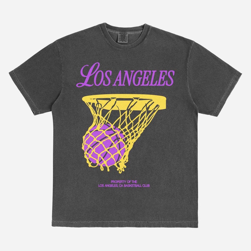 Old School Los Angeles Lakers streetwear graphic t-shirt with purple and gold bball jersey text on a washed black comfort colors tee