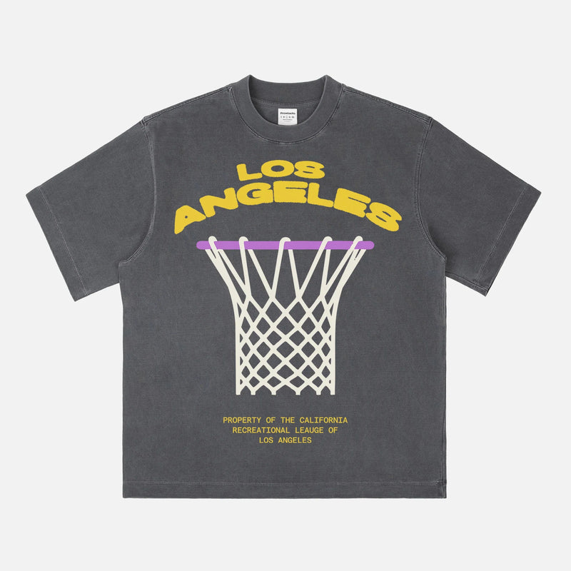 Faded Washed Black Los Angeles Lakers streetwear graphic tee on heavyweight unisex LA basketball t-shirt