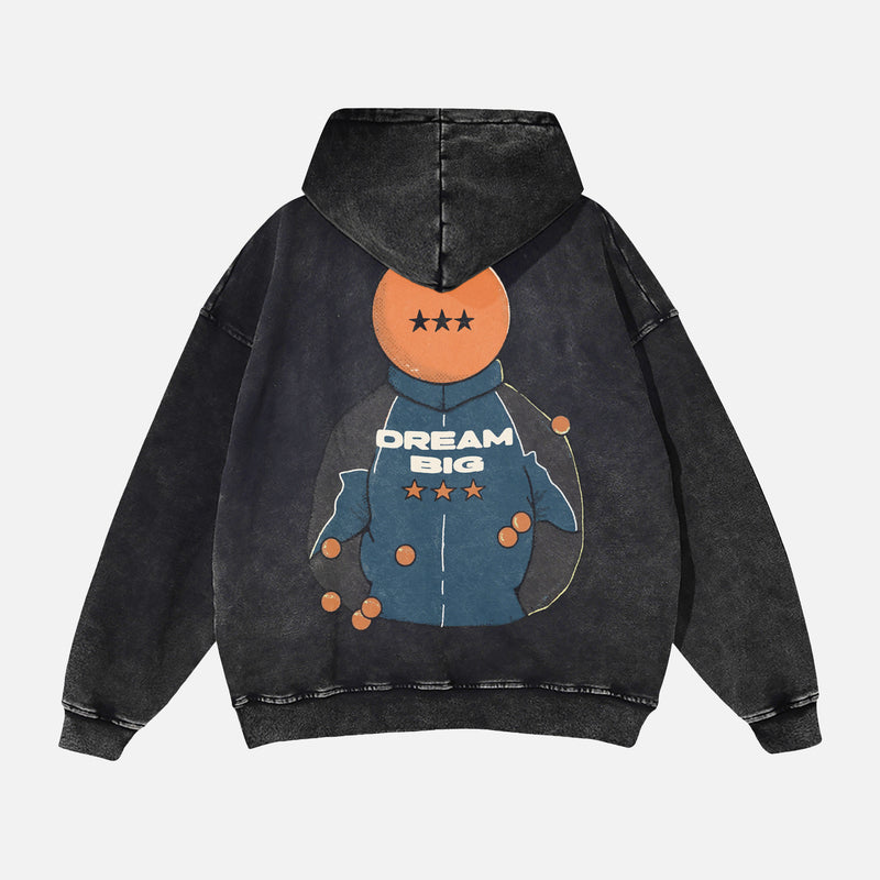 Marty Supreme hoodie distressed black heavyweight hooded sweatshirt with orange Marty Supreme Dream big text ont the front and ping pong head man in a jacket on the back