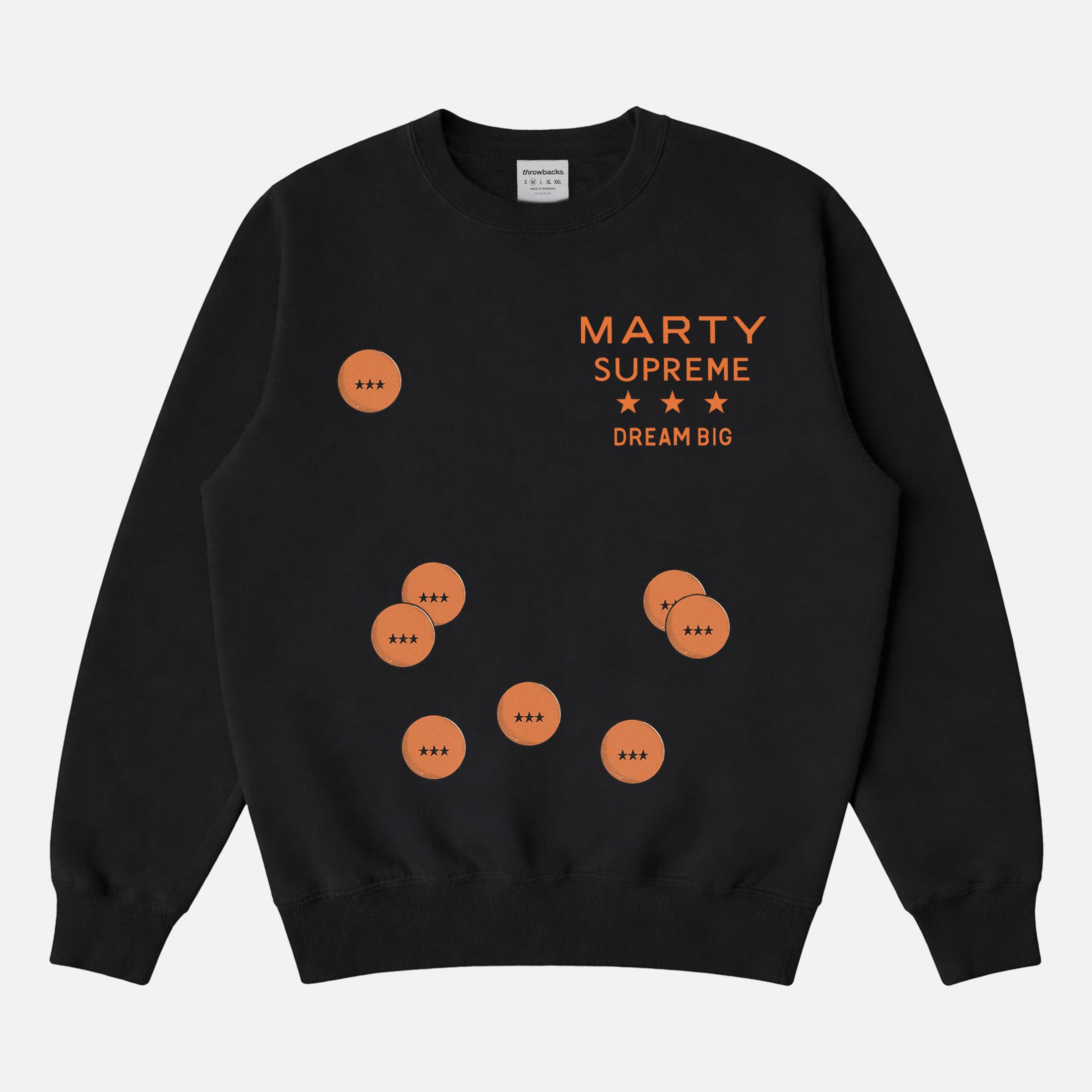 Vintage Marty Supreme movie sweatshirt, orange ping pong balls and dream big logo on a premium heavyweight crewneck with front and back print