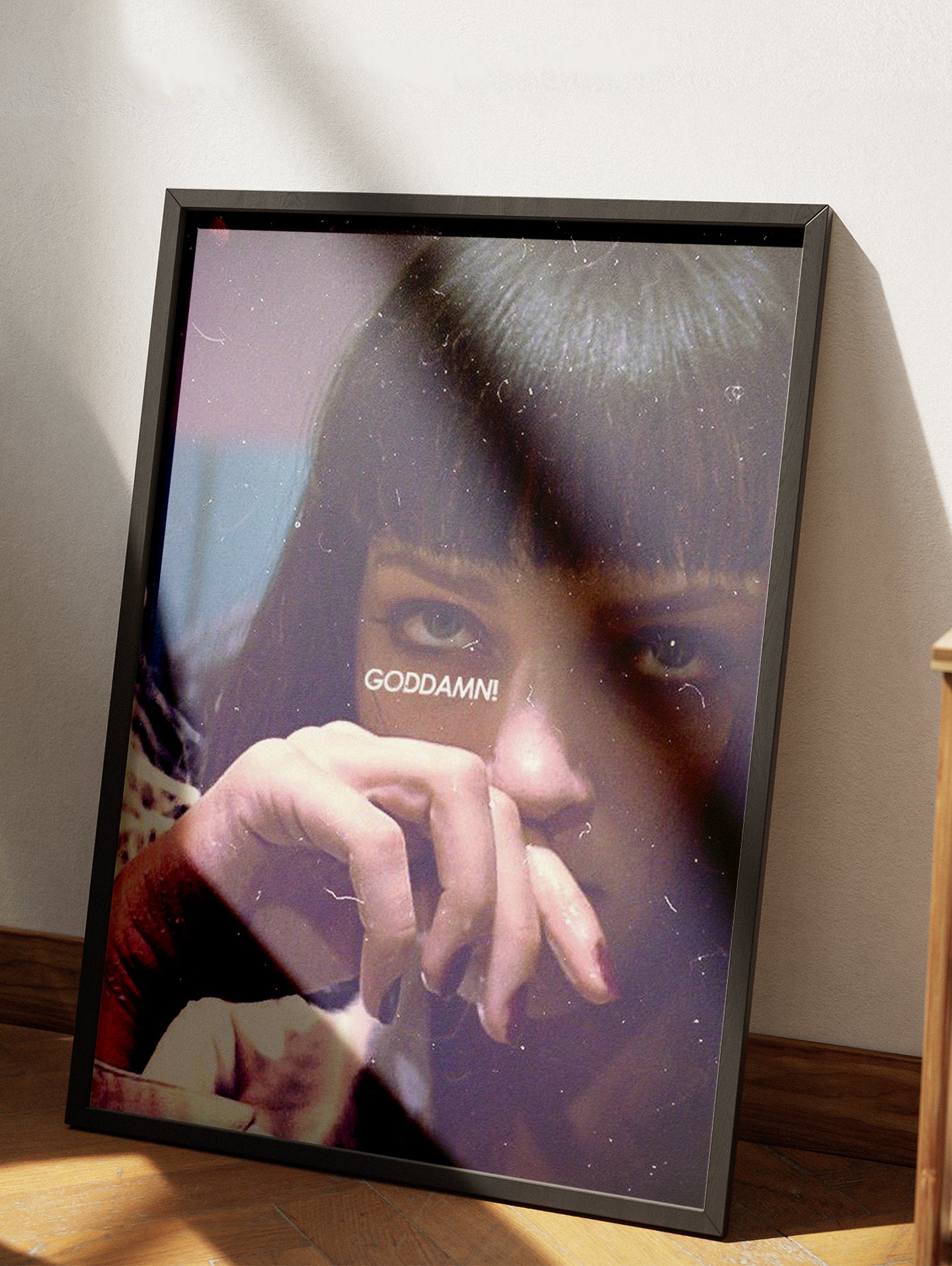 Framed Pulp Fiction movie poster with Mia Wallace bathroom scene poster for fans of retro movie wall art and quentin tarantino