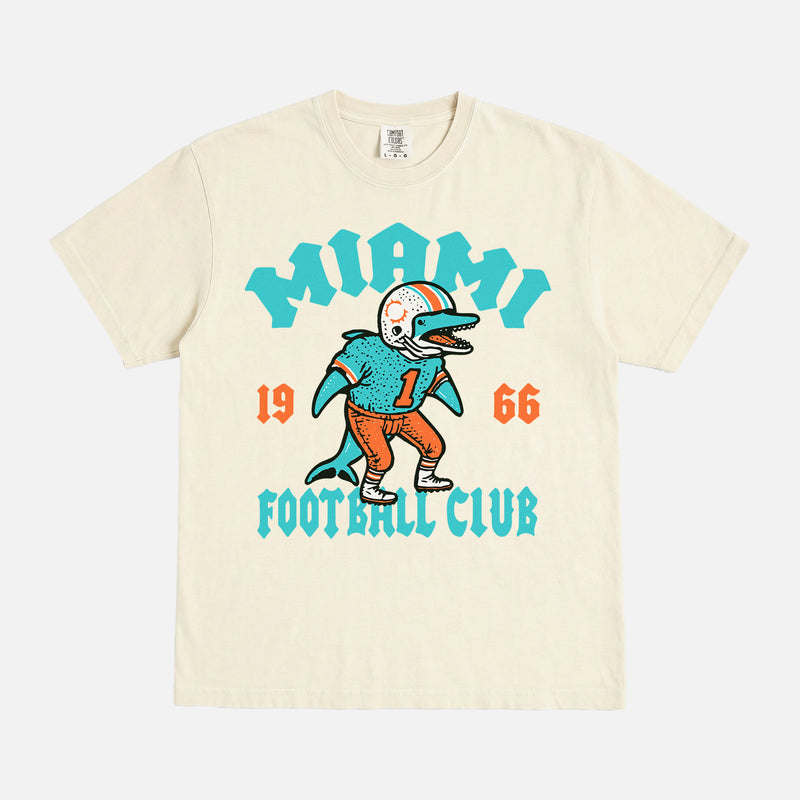 Cool retro Miami Dolphins NFL streetwear graphic t-shirt on washed teal green comfort colors shirt 