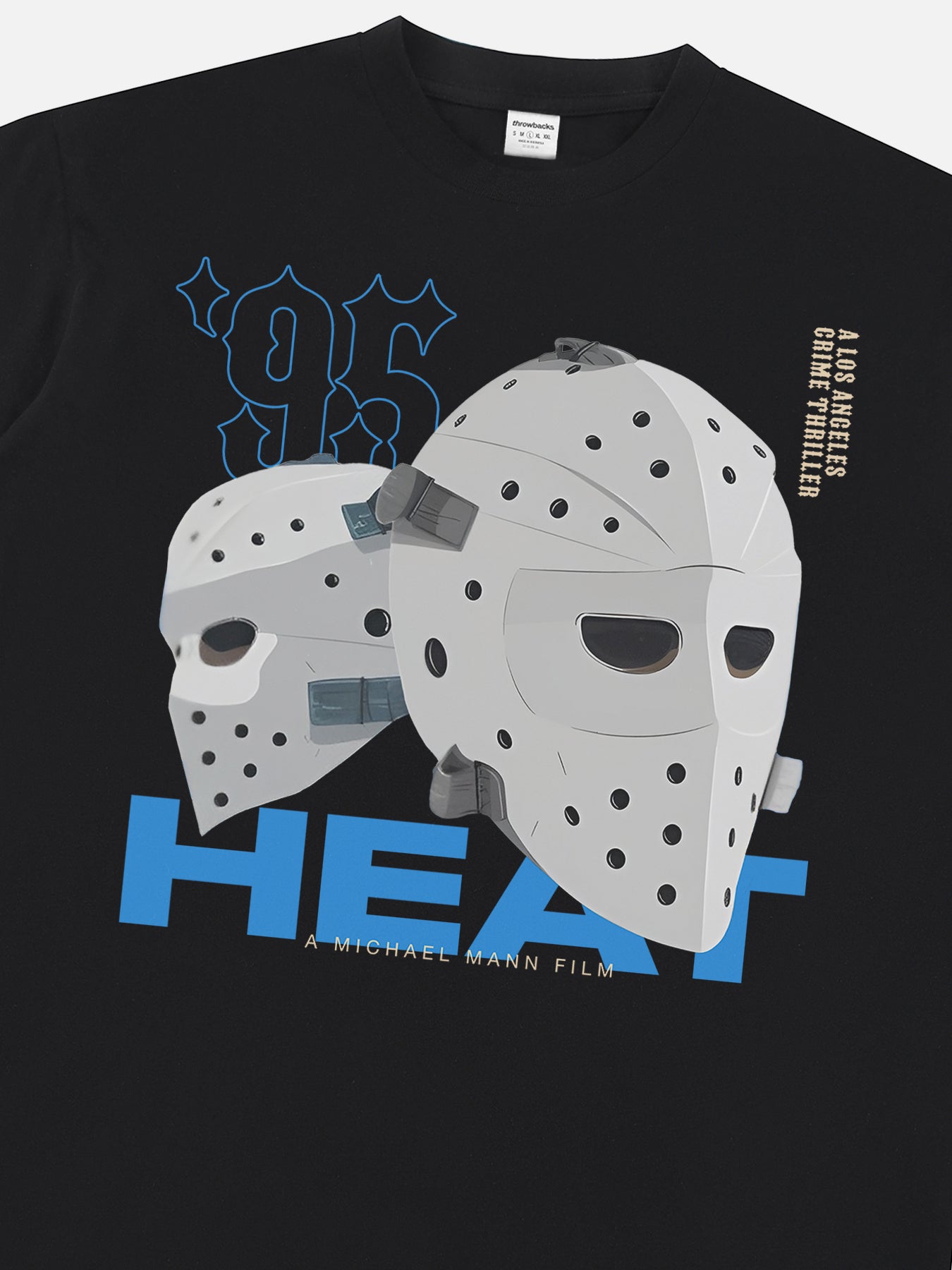 1995 Heat Movie graphic t-shirt, streetwear style michael mann movie Heat 95 hockey mask black heavyweight tee 