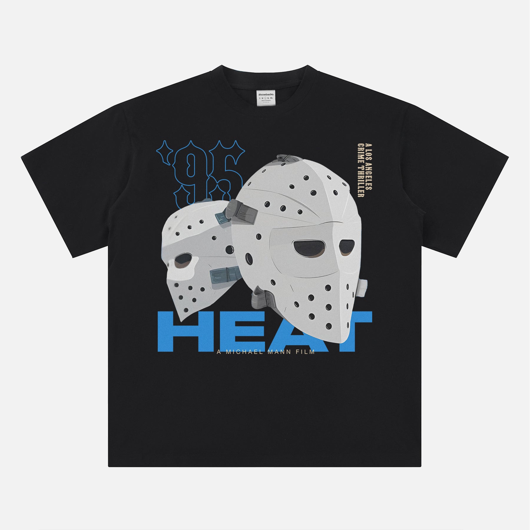 1995 Heat Movie graphic t-shirt, streetwear style michael mann movie Heat 95 hockey mask black heavyweight tee 