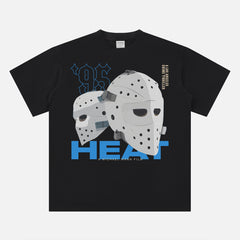 1995 Heat Movie graphic t-shirt, streetwear style michael mann movie Heat 95 hockey mask black heavyweight tee 