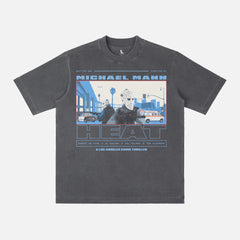 1995 Michael Mann Heat movie graphic tee shirt with armored car hockey mask scene illustration, faded washed black Heat movie shirt apparel