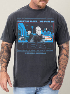 Heat Movie shirt streetwear graphic tee armored car bank robbery scene on faded black shirt, retro 1995 michael mann oversized graphic t-shirt