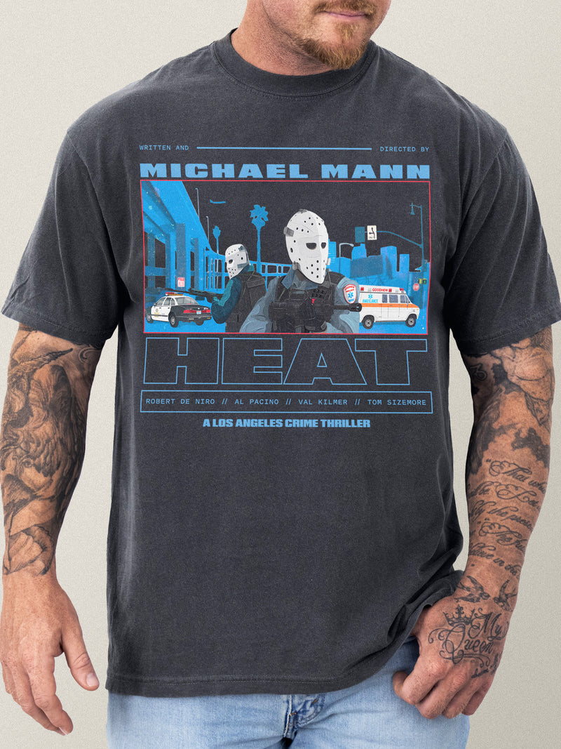 Heat Movie shirt streetwear graphic tee armored car bank robbery scene on faded black shirt, retro 1995 michael mann oversized graphic t-shirt