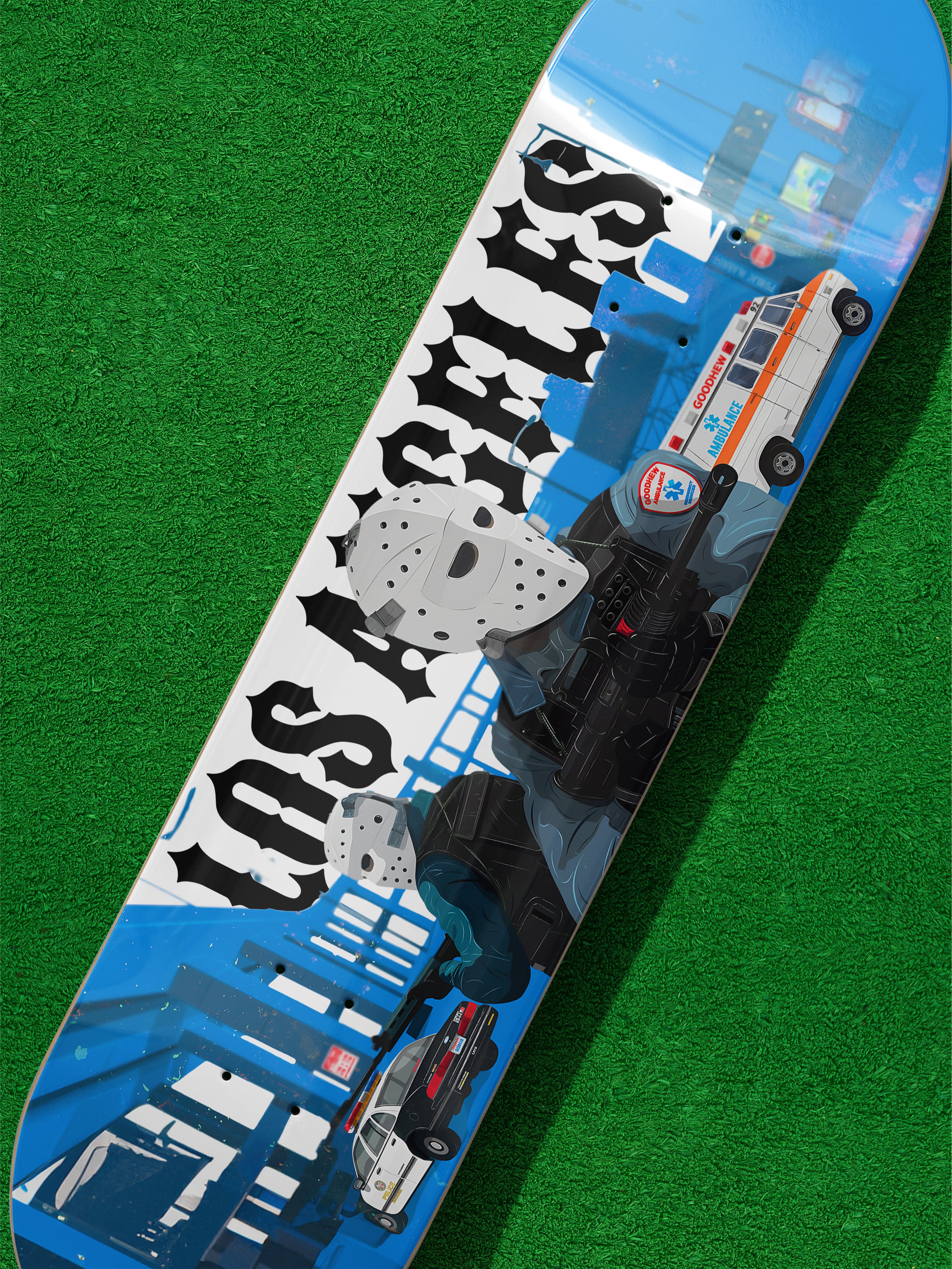 1995 Heat Movie skateboard with hockey mask armored car scene art, Michael Mann Heat film skate deck wall art collectible 
