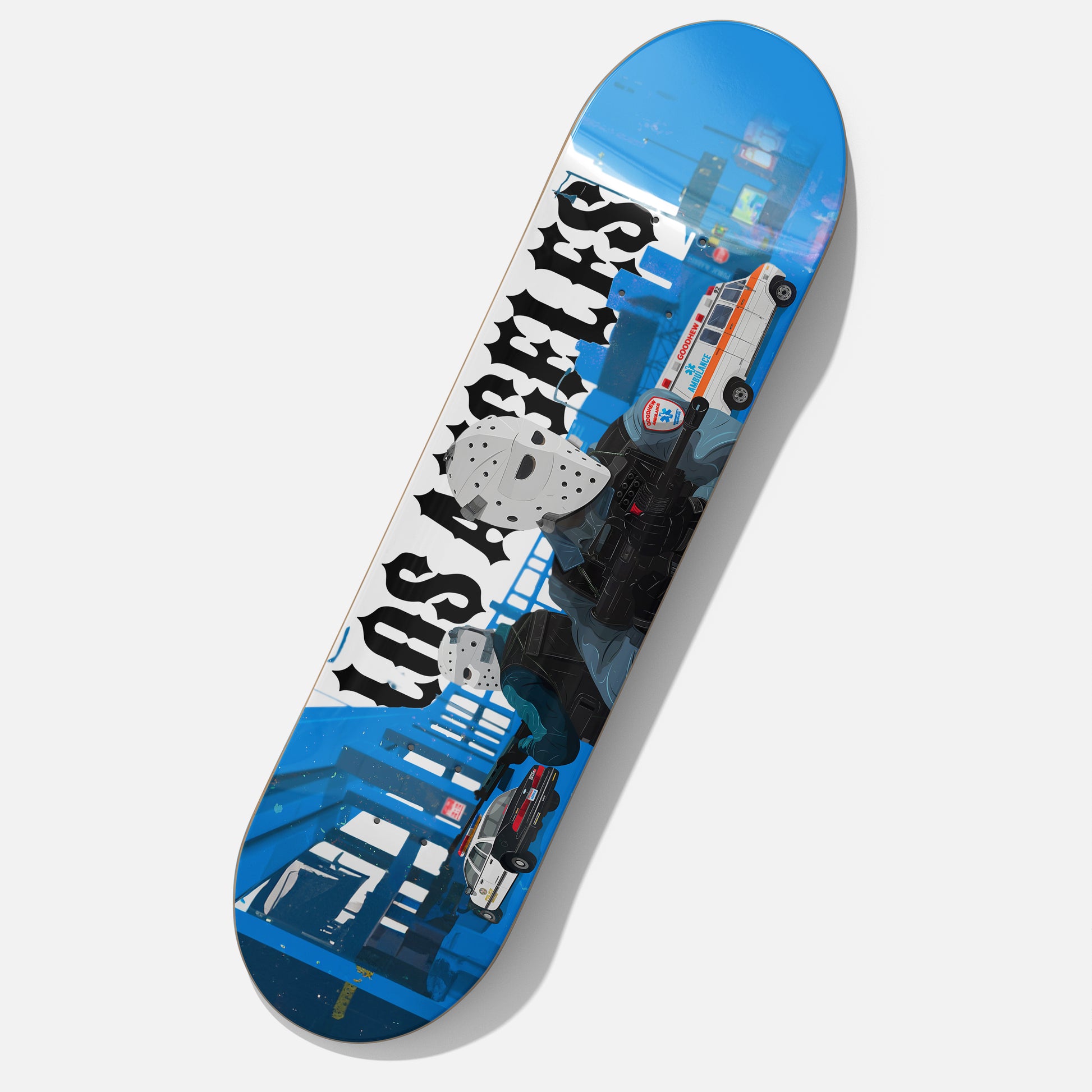 1995 Heat Movie skateboard with hockey mask armored car scene art, Michael Mann Heat film skate deck wall art collectible 