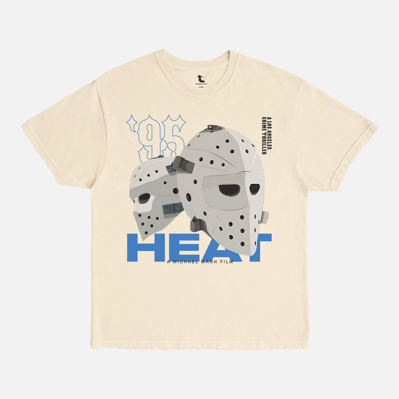 1995 Heat Movie graphic t-shirt, streetwear style michael mann movie Heat 95 hockey mask faded washed beige off white tee 