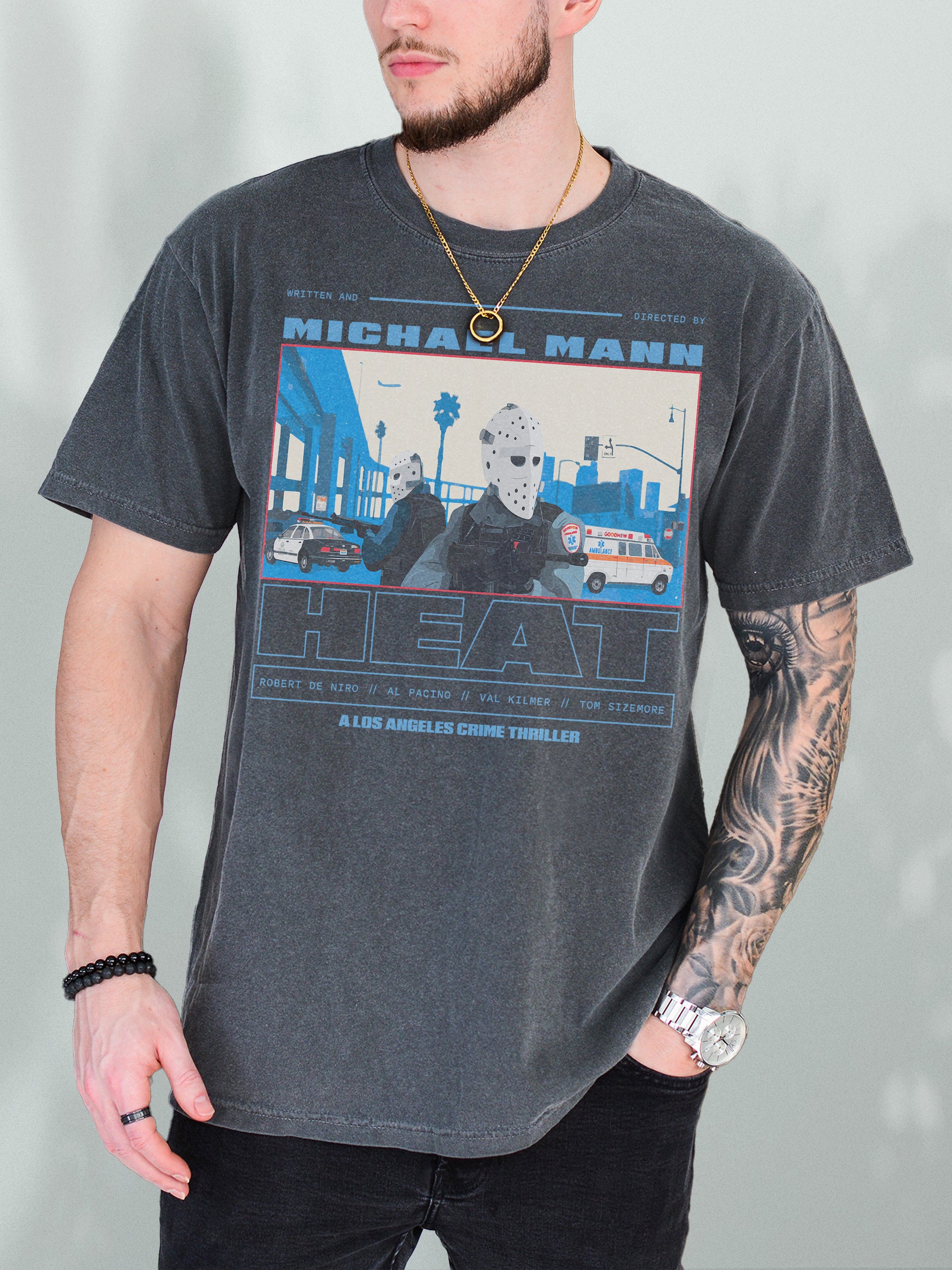 Heat Movie shirt streetwear graphic tee armored car bank robbery scene on faded black shirt, retro 1995 michael mann oversized graphic t-shirt