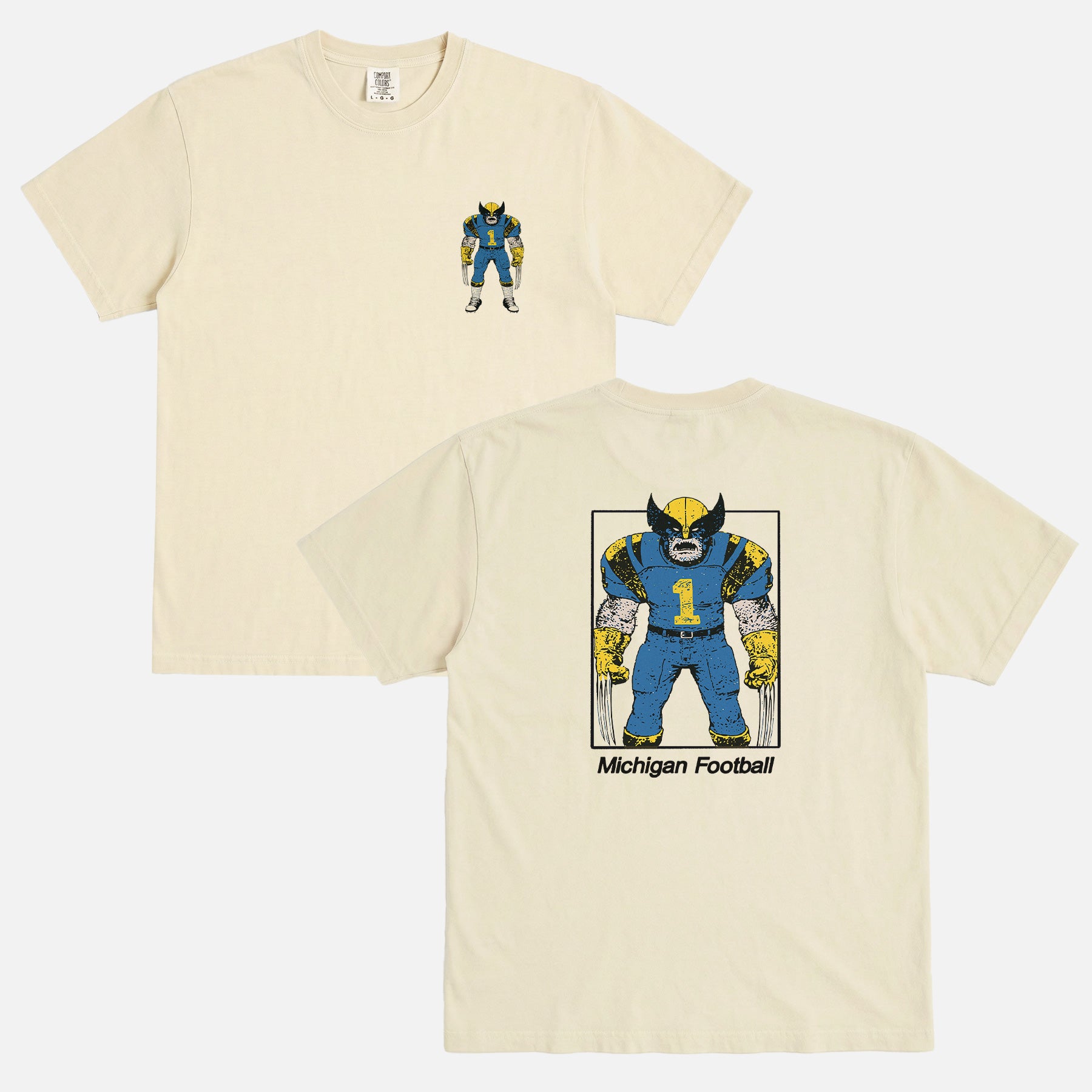 Michigan Wolverines college football t-shirt with Wolverine from X-Men as mascot football player on an off white comfort colors graphic tee
