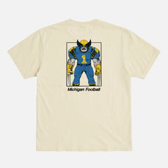 Michigan Wolverines college football t-shirt with Wolverine from X-Men as mascot football player on an off white comfort colors graphic tee