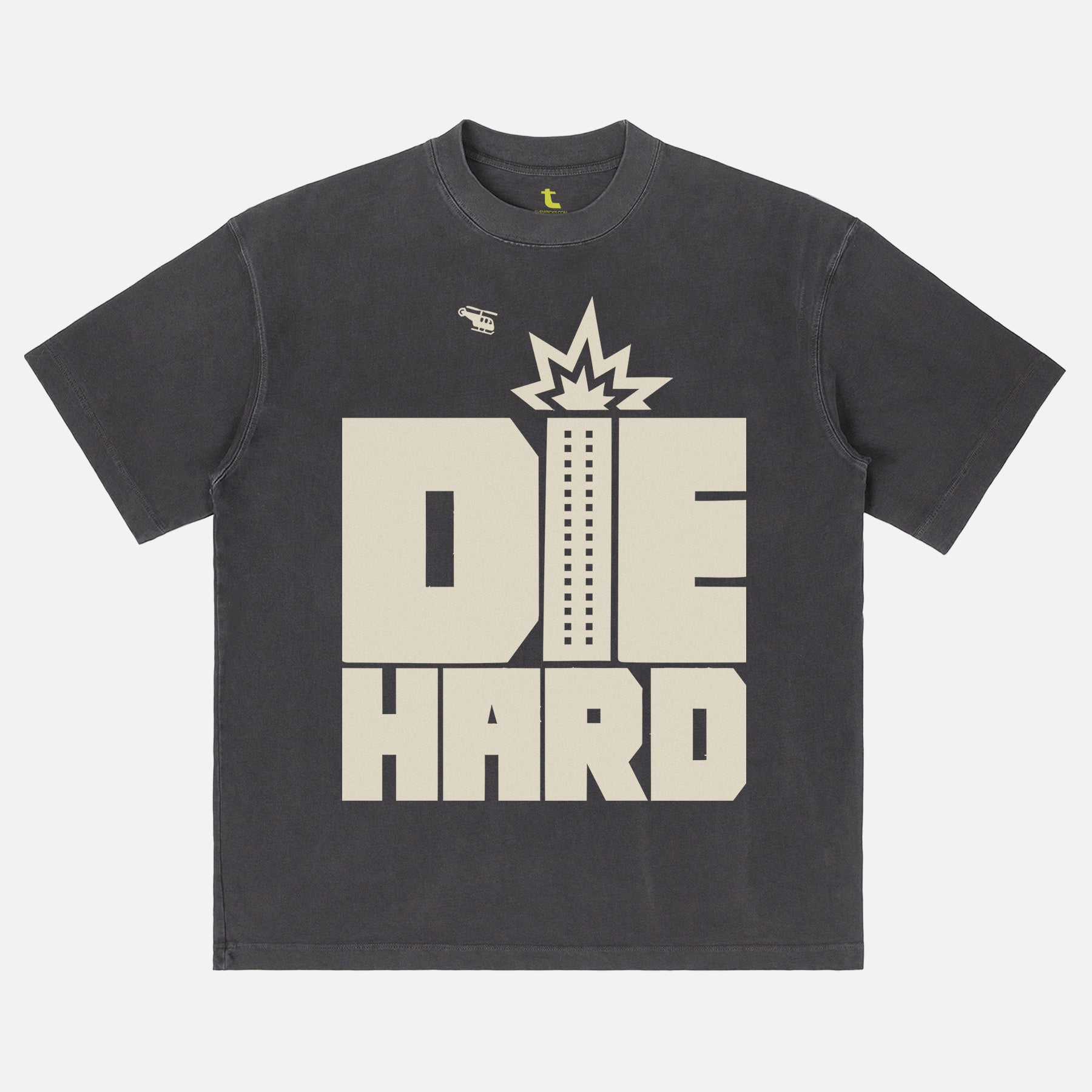 Faded black Die Hard movie shirt with retro movie poster text and nakatomi plaza