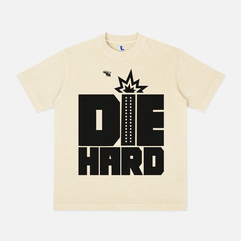 Off White Die Hard movie shirt with retro movie poster text and nakatomi plaza