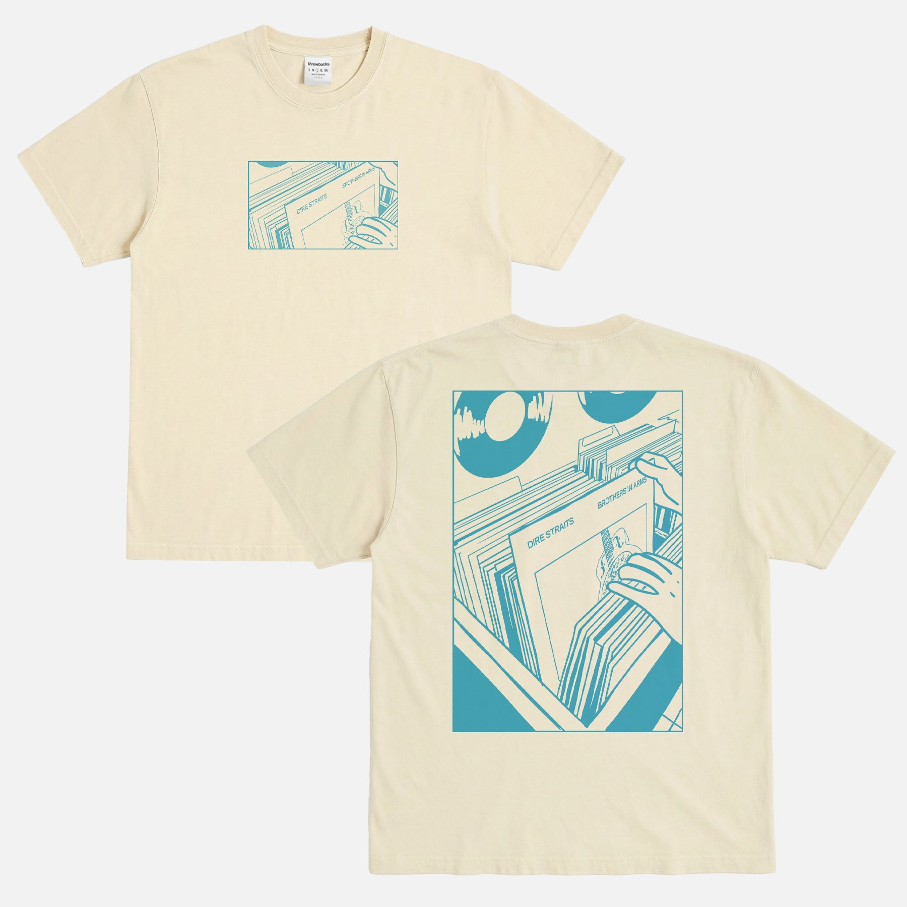 retro Dire Straits 80s band music graphic tee shirt with brothers in arms album art on an off white comfort colors t-shirt