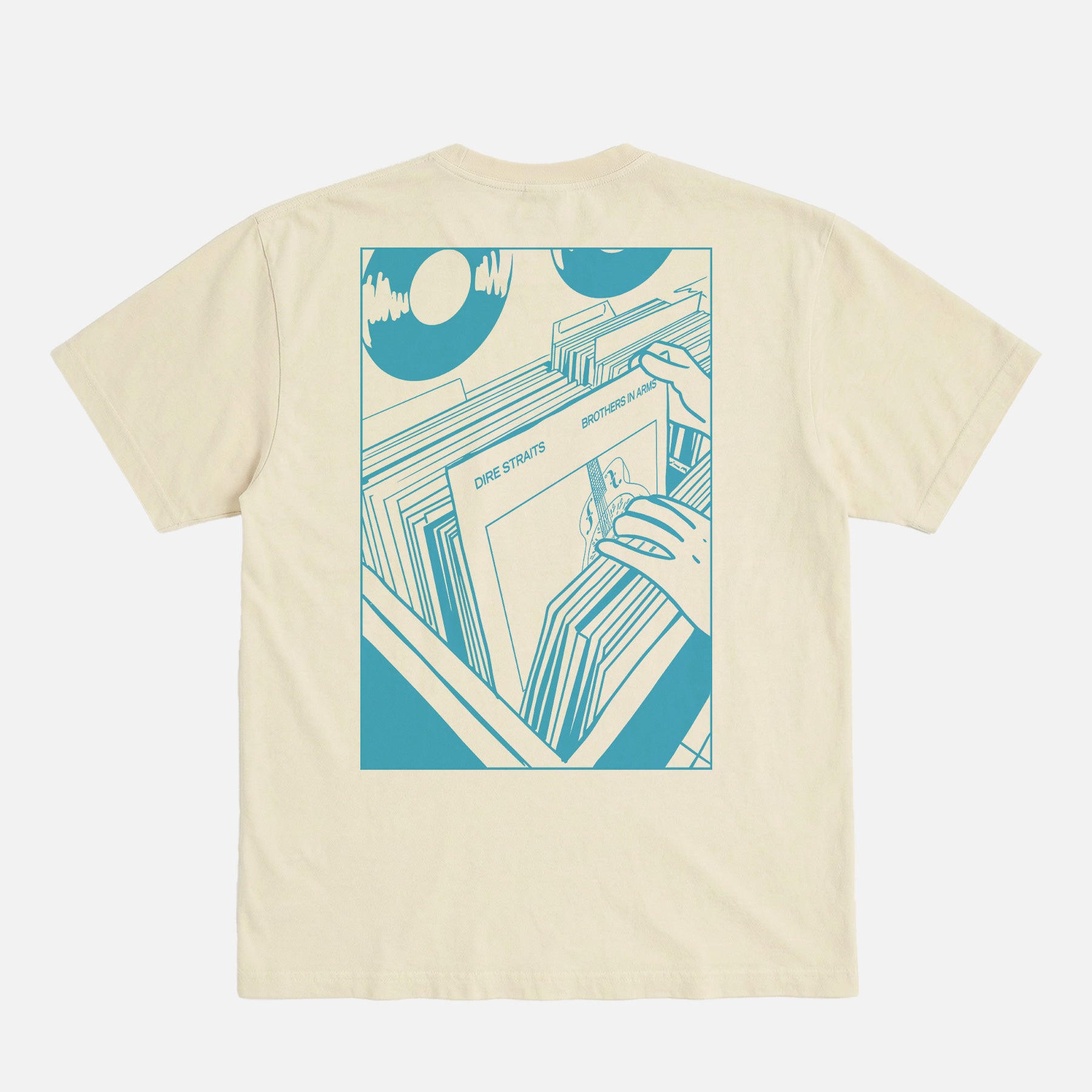 retro Dire Straits 80s band music graphic tee shirt with brothers in arms album art on an off white comfort colors t-shirt