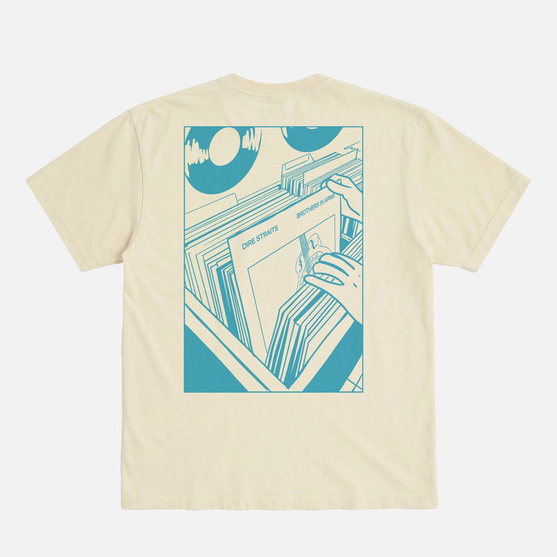 retro Dire Straits 80s band music graphic tee shirt with brothers in arms album art on an off white comfort colors t-shirt