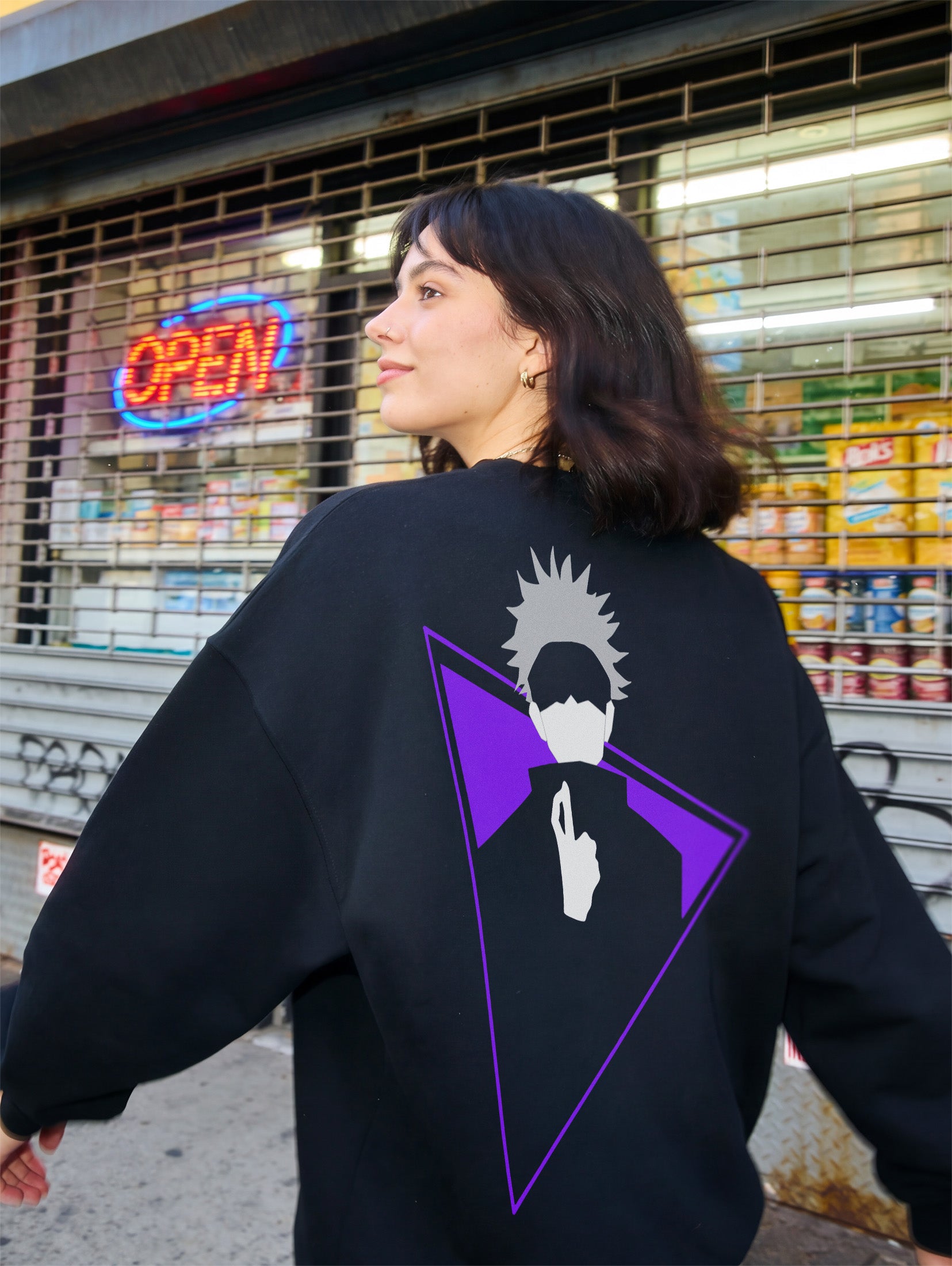 Jujutsu Kaisen Fingers Cross Satoru JJK Sweatshirt with minimal front and back print for manga anime fans