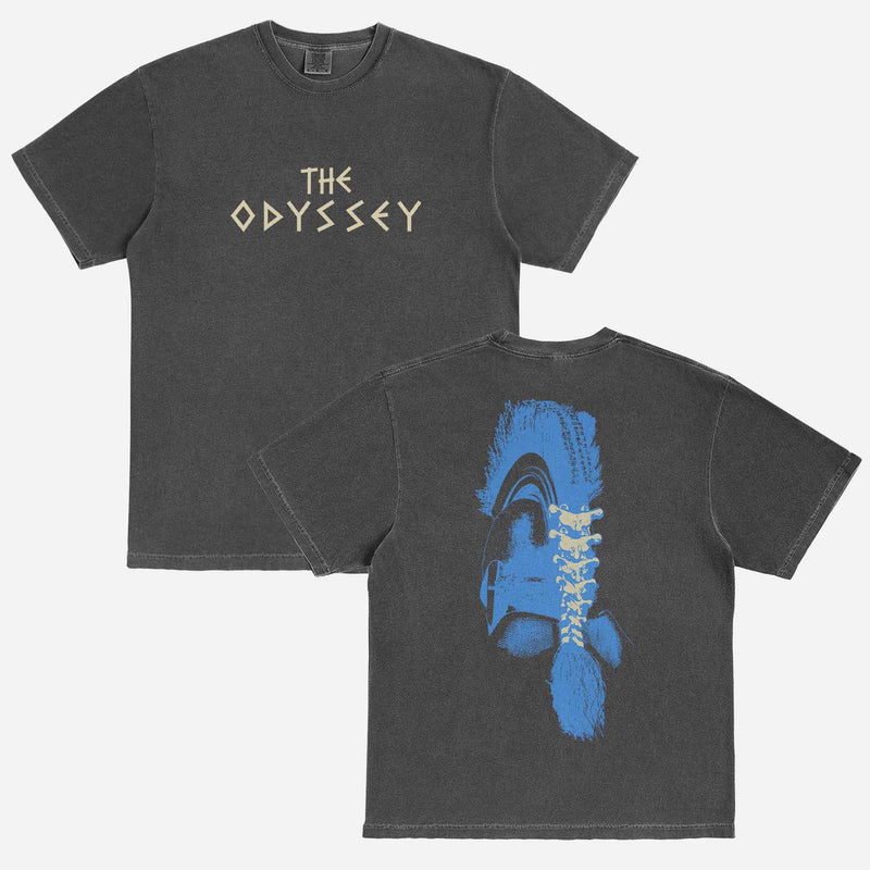 Black Comfort COlors The Odyssey 2026 movie t-shirt with custom movie poster text logo and soldier helmet with front and back print on a black comfort colors graphic tee