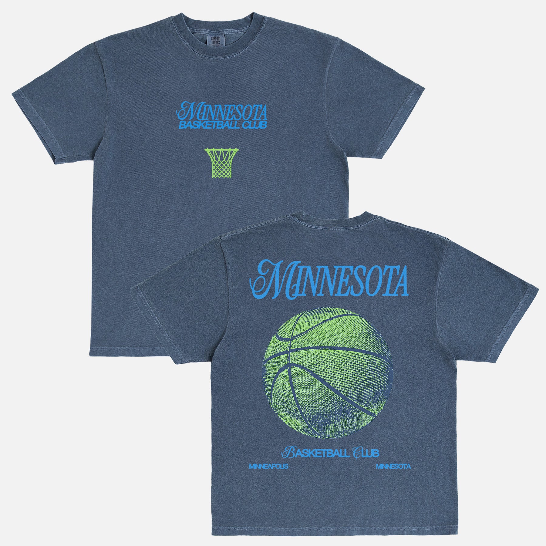 Minnesota Timberwolves graphic tee with vintage front and back streetwear print on a unisex faded navy comfort colors t-shirt