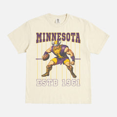 old school minnesota vikings graphic t-shirt with retro mascot pinstripes design on a washed cream comfort colors tee