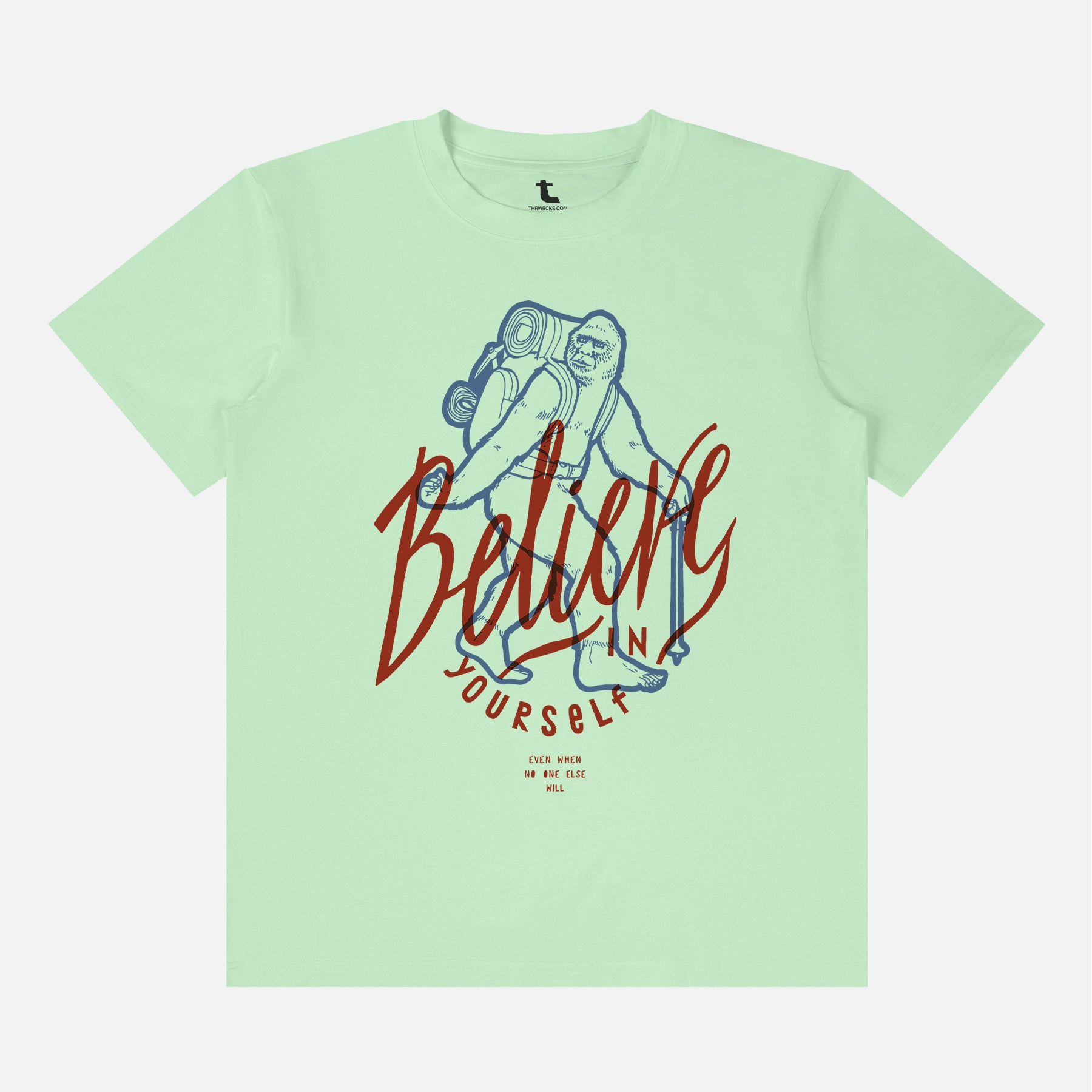 funny sasquatch big foot graphic tee shirt unisex with big foot camping art and Believe In Yourself text