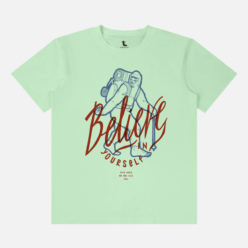 funny sasquatch big foot graphic tee shirt unisex with big foot camping art and Believe In Yourself text