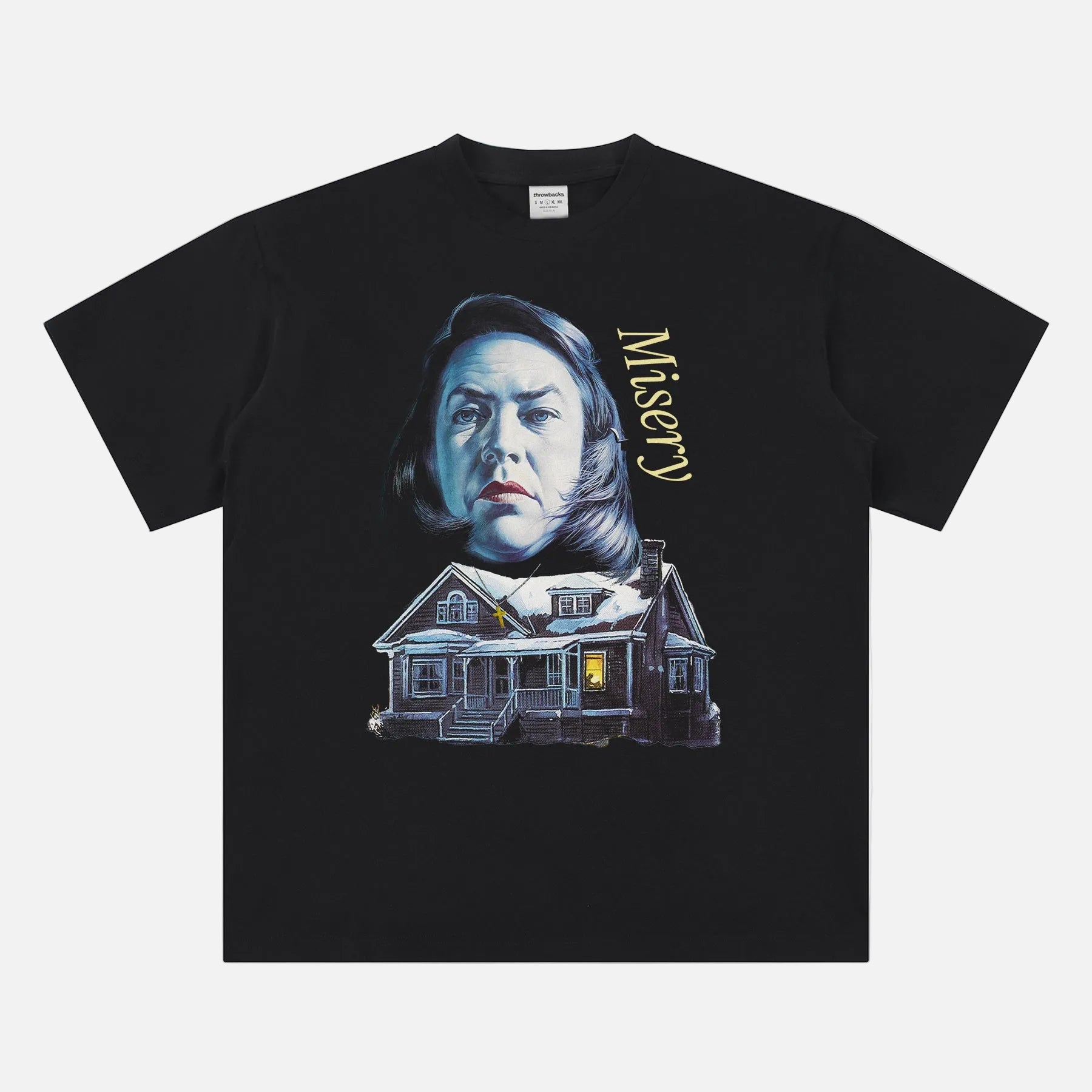 1990 Misery Movie t-shirt, horror movie streetwear graphic tee with Annie Wilkes and Cabin on heavyweight black tee