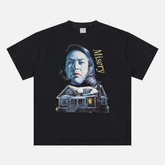 1990 Misery Movie t-shirt, horror movie streetwear graphic tee with Annie Wilkes and Cabin on heavyweight black tee