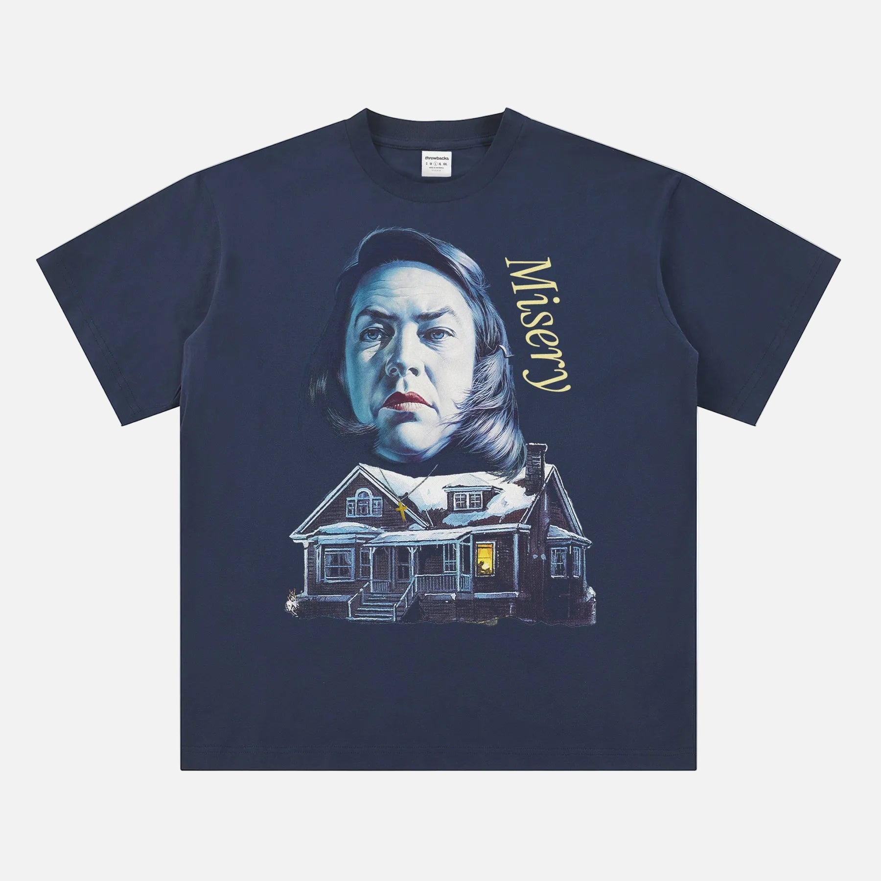 1990 Misery Movie t-shirt, horror movie streetwear graphic tee with Annie Wilkes and Cabin on heavyweight navy blue tee