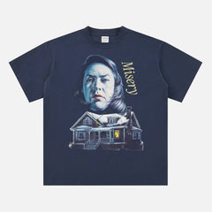 1990 Misery Movie t-shirt, horror movie streetwear graphic tee with Annie Wilkes and Cabin on heavyweight navy blue tee