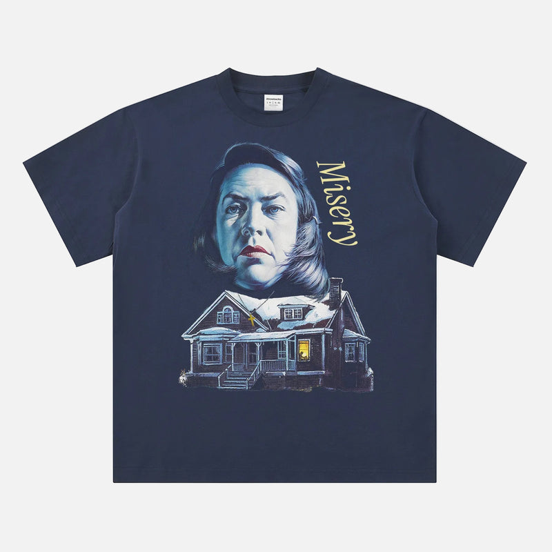 1990 Misery Movie t-shirt, horror movie streetwear graphic tee with Annie Wilkes and Cabin on heavyweight navy blue tee