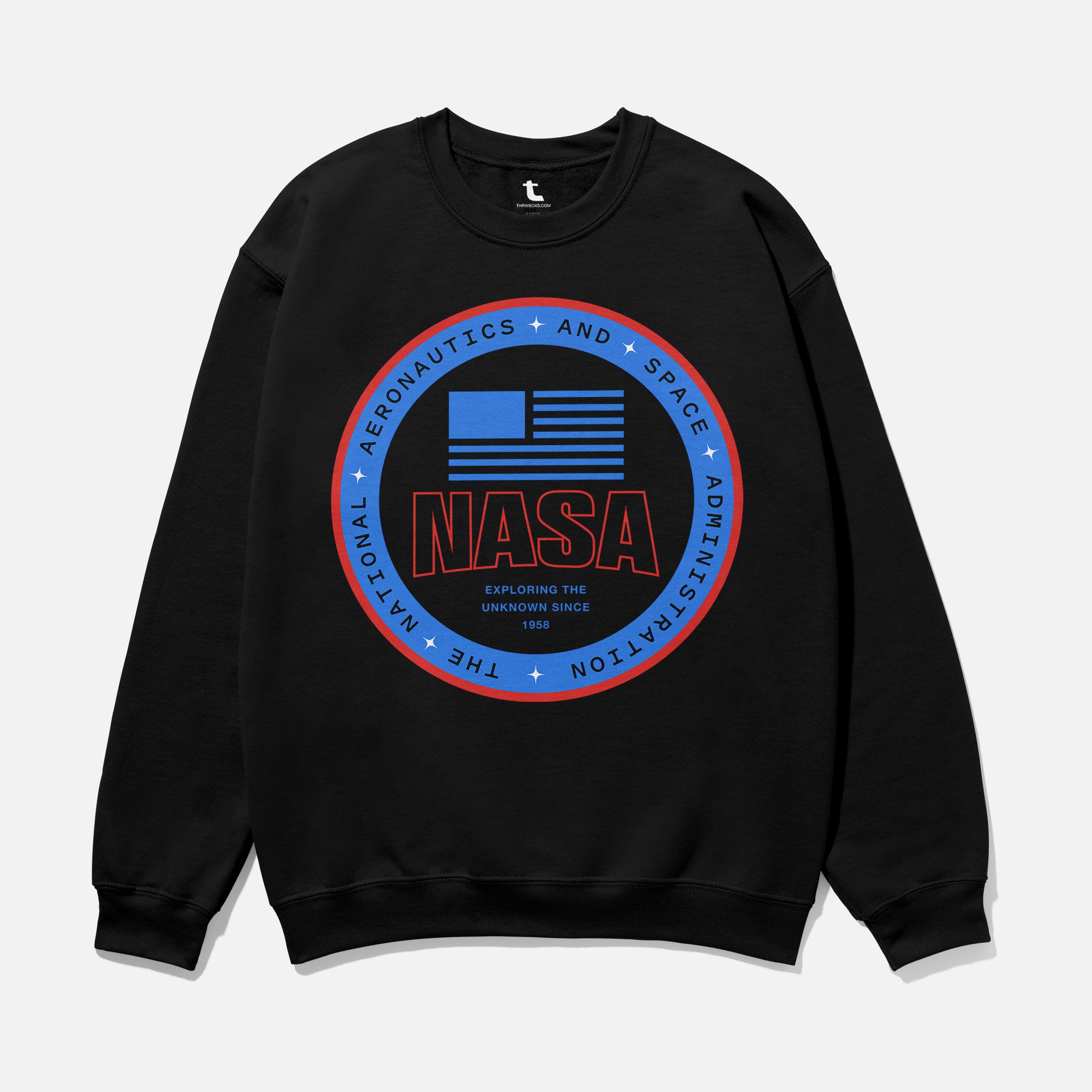 Modern black navy NASA logo crewneck  streetwear sweatshirt for men and women, oversized space science nerd apparel