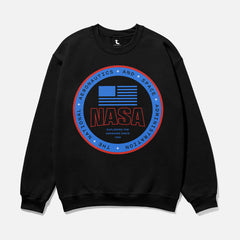 Modern black navy NASA logo crewneck  streetwear sweatshirt for men and women, oversized space science nerd apparel