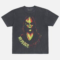 Sinister horror movie bootleg graphic t-shirt with Mr Boogie grunge art on a distressed black comfort colors tee