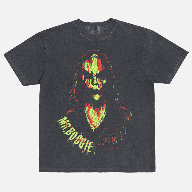 Sinister horror movie bootleg graphic t-shirt with Mr Boogie grunge art on a distressed black comfort colors tee