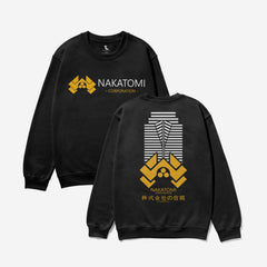 Die Hard movie sweatshirt with Nakatomi Plaza logo on front and tower and Japanese text on the back
