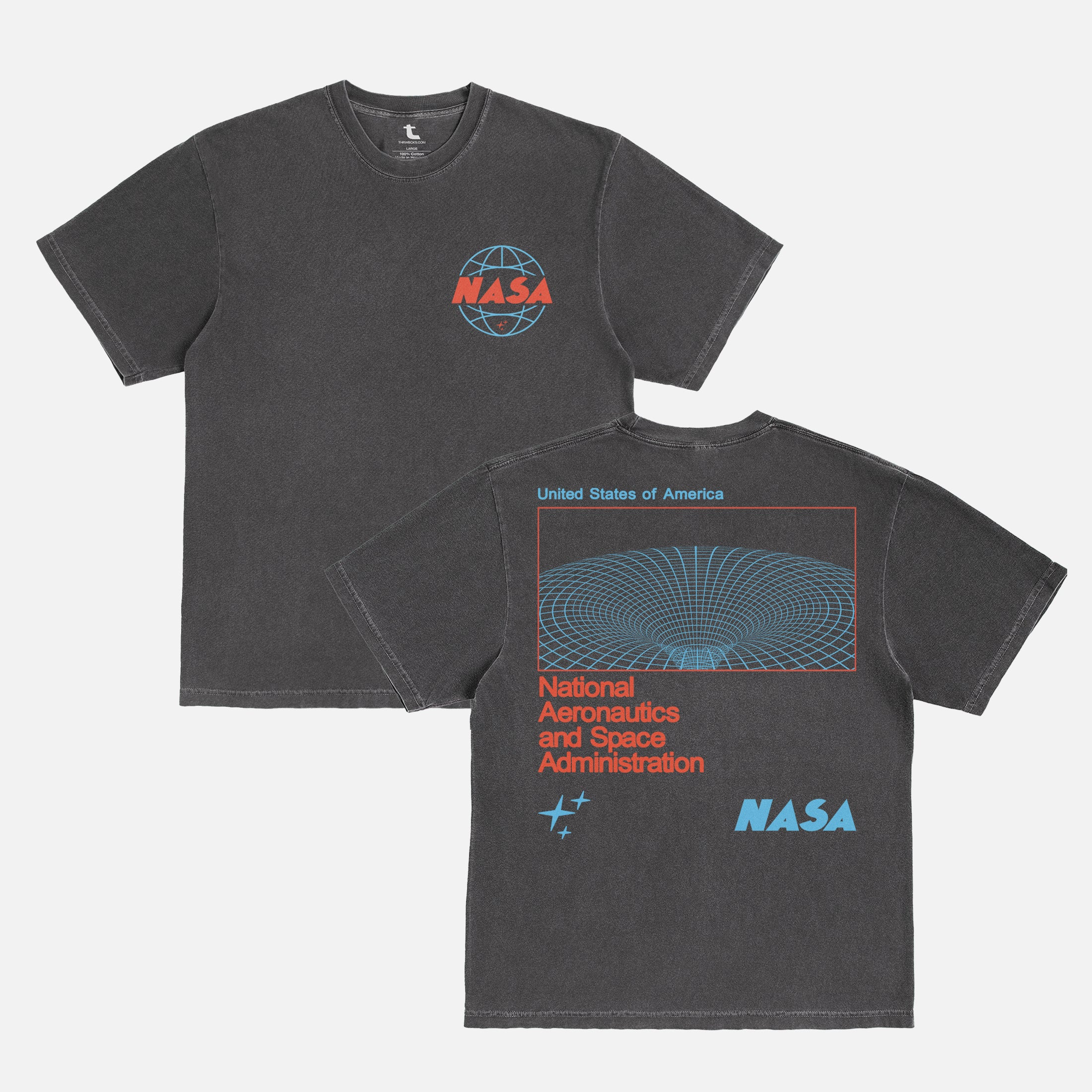 faded washed black and blue retro NASA streetwear graphic t-shirt with custom Worm logo and wormhole graphic on a unisex comfort colors shirt