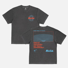 faded washed black and blue retro NASA streetwear graphic t-shirt with custom Worm logo and wormhole graphic on a unisex comfort colors shirt