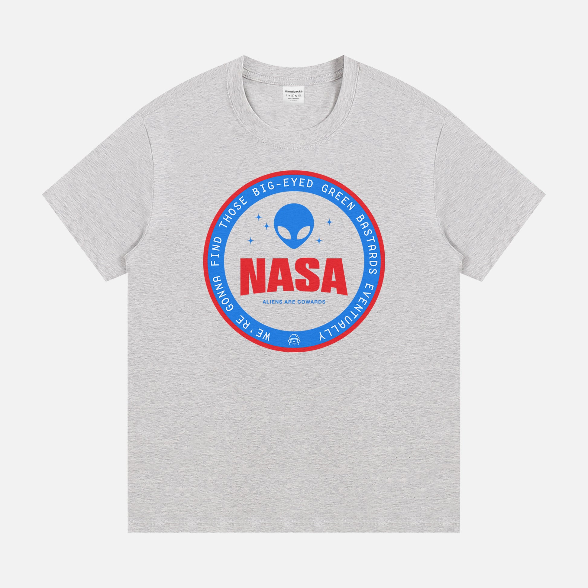 Unisex grey NASA t-shirt,  funny red and blue alien logo badge graphic tee shirt for NASA space nerds for sale at Throwbacks